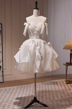 Lovely Spaghetti Strap Lace Short Prom Dress, Light Champagne Prom Dress
