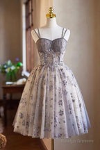 Lovely Spaghetti Strap Tulle Sequins Knee Length Prom Party Dress