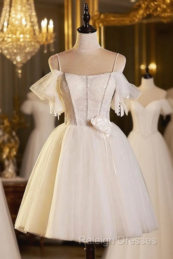 Lovely Spaghetti Strap Tulle Short Prom Dress, Light Champagne A-Line Evening Party Dress