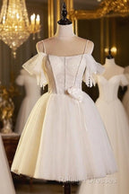 Lovely Spaghetti Strap Tulle Short Prom Dresses Light Champagne A-Line Prom Dresses