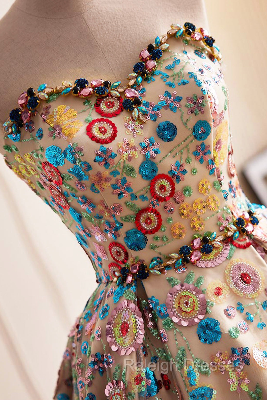 Lovely Sweetheart Floral Sequin Long Prom Dress, A-Line Strapless Evening Dress Secondary image