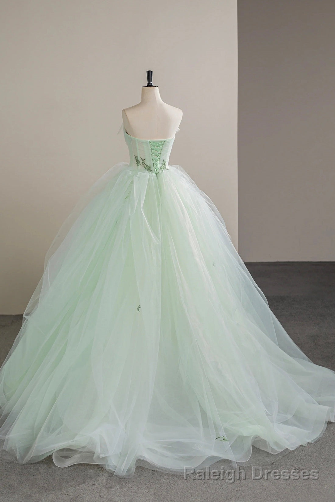 Lovely Sweetheart Neckline Tulle Long Prom Dress with Lace, Green Strapless Prom Dress