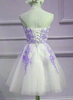 Lovely Sweetheart White Tulle With Purple Lace Cute Prom Dresses