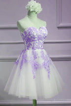 Lovely Sweetheart White Tulle With Purple Lace Cute Prom Dresses