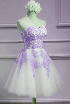 Lovely Sweetheart White Tulle With Purple Lace Cute Prom Dresses