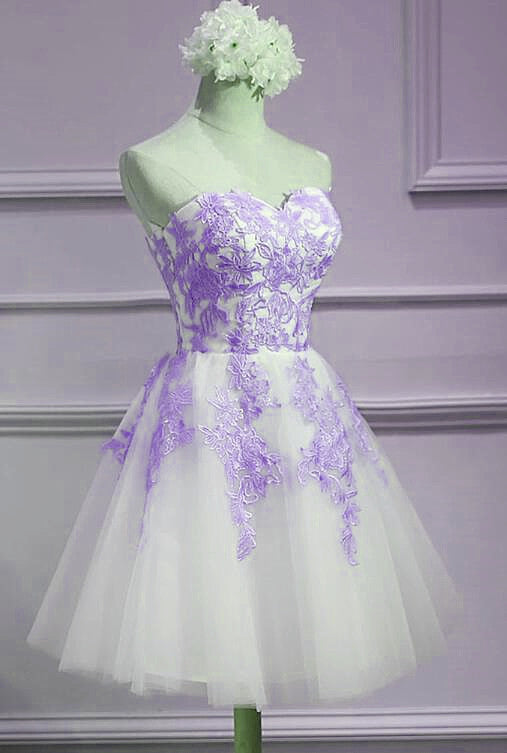 Lovely Sweetheart White Tulle With Purple Lace Cute Prom Dresses