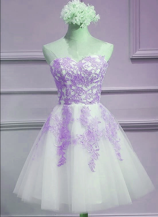 Lovely Sweetheart White Tulle With Purple Lace Cute Prom Dresses