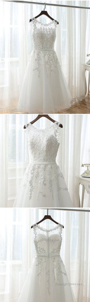 Lovely Tea Length White Tulle And Lace Round Neckline Party Dresses, White Formal Dresses Homecoming Dresses Main image