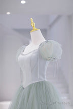 Lovely Tulle Floor Length Prom Dress, A Line Short Sleeve Prom Prom Dress
