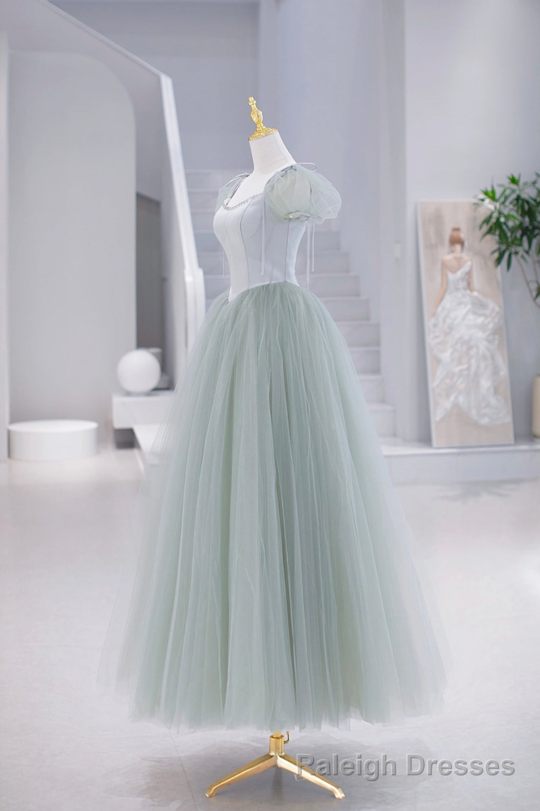 Lovely Tulle Floor Length Prom Dress, A Line Short Sleeve Prom Prom Dress Main image