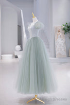 Lovely Tulle Floor Length Prom Dress, A Line Short Sleeve Prom Prom Dress