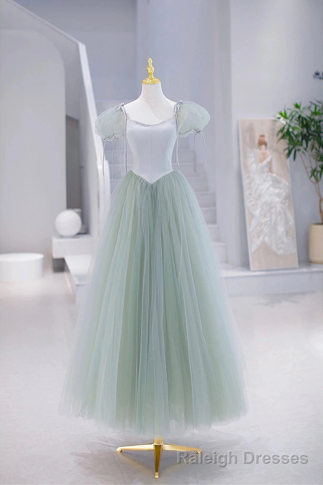 Lovely Tulle Floor Length Prom Dress, A-Line Short Sleeve Evening Party Dress Secondary image
