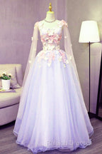 Lovely Tulle Lavender Long Formal Dress With Lace Applique, Sweet 16 Dresses