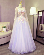 Lovely Tulle Lavender Long Prom Dresses With Lace Applique Sweet 16 Dress