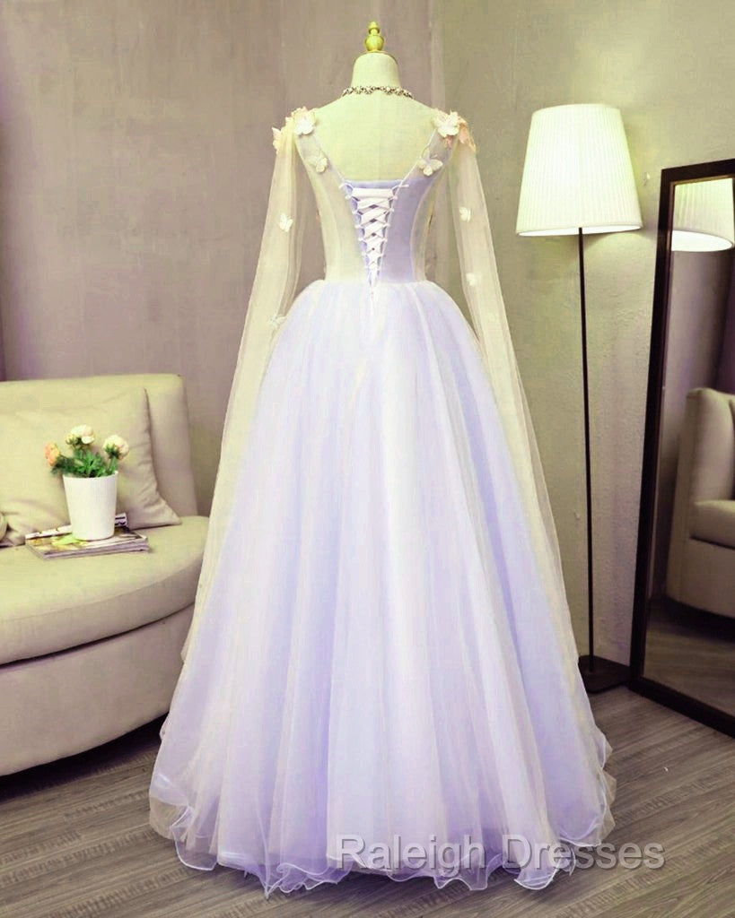 Lovely Tulle Lavender Long Prom Dresses With Lace Applique Sweet 16 Dress