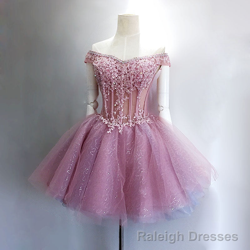 Lovely Tulle Light Pink-Purple Mini Prom Dress, Lovely Off Shoulder Lace-up Homecoming Dress Main image