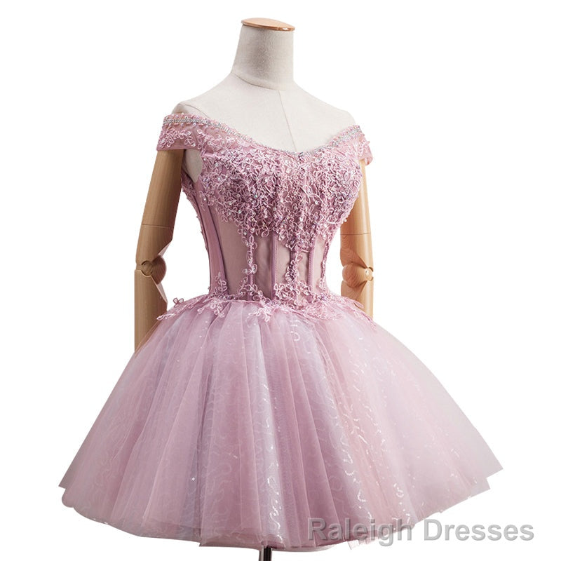 Lovely Tulle Light Pink-Purple Mini Prom Dress, Lovely Off Shoulder Lace-up Homecoming Dress