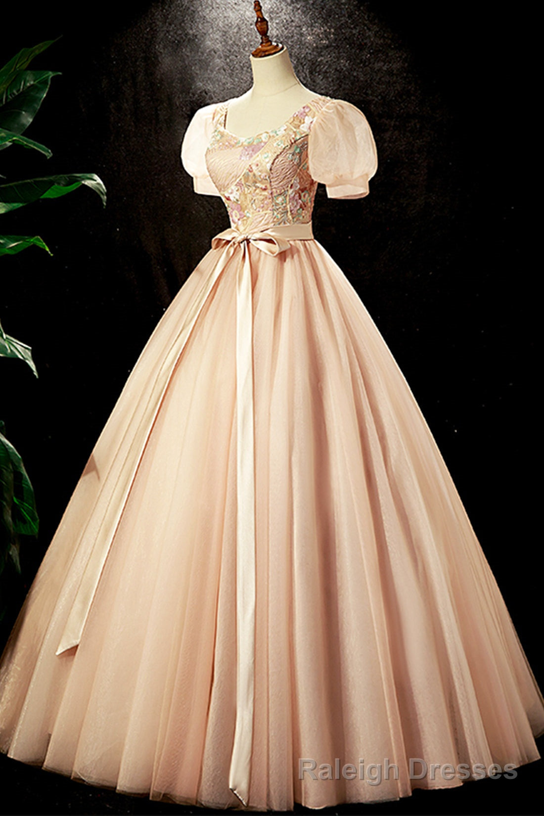 Lovely Tulle Sequins Long Prom Dress, A Line Short Sleeve Prom Prom dress Main image
