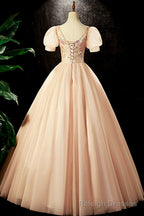 Lovely Tulle Sequins Long Prom Dress, A Line Short Sleeve Prom Prom dress