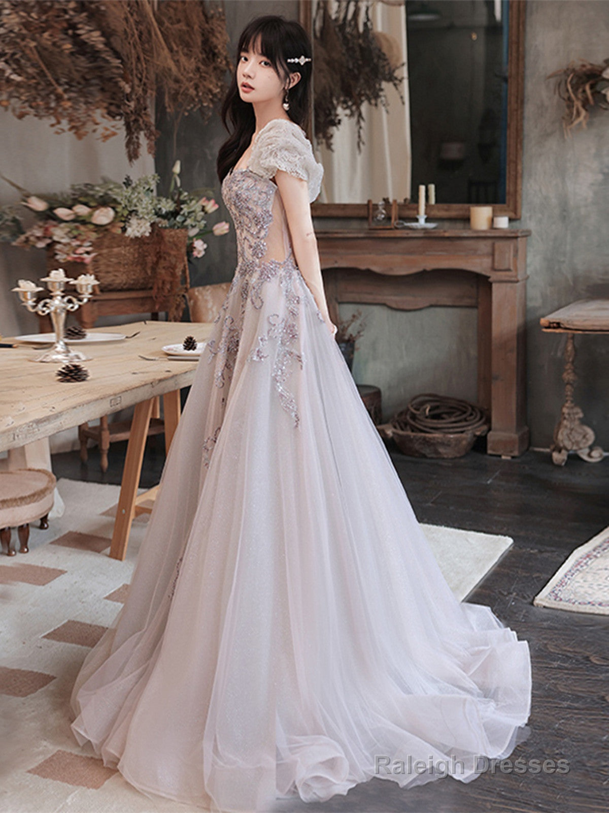 Lovely Tulle Short Sleeves Long A-Line Party Dress, Tulle Evening Dress Prom Dress Secondary image