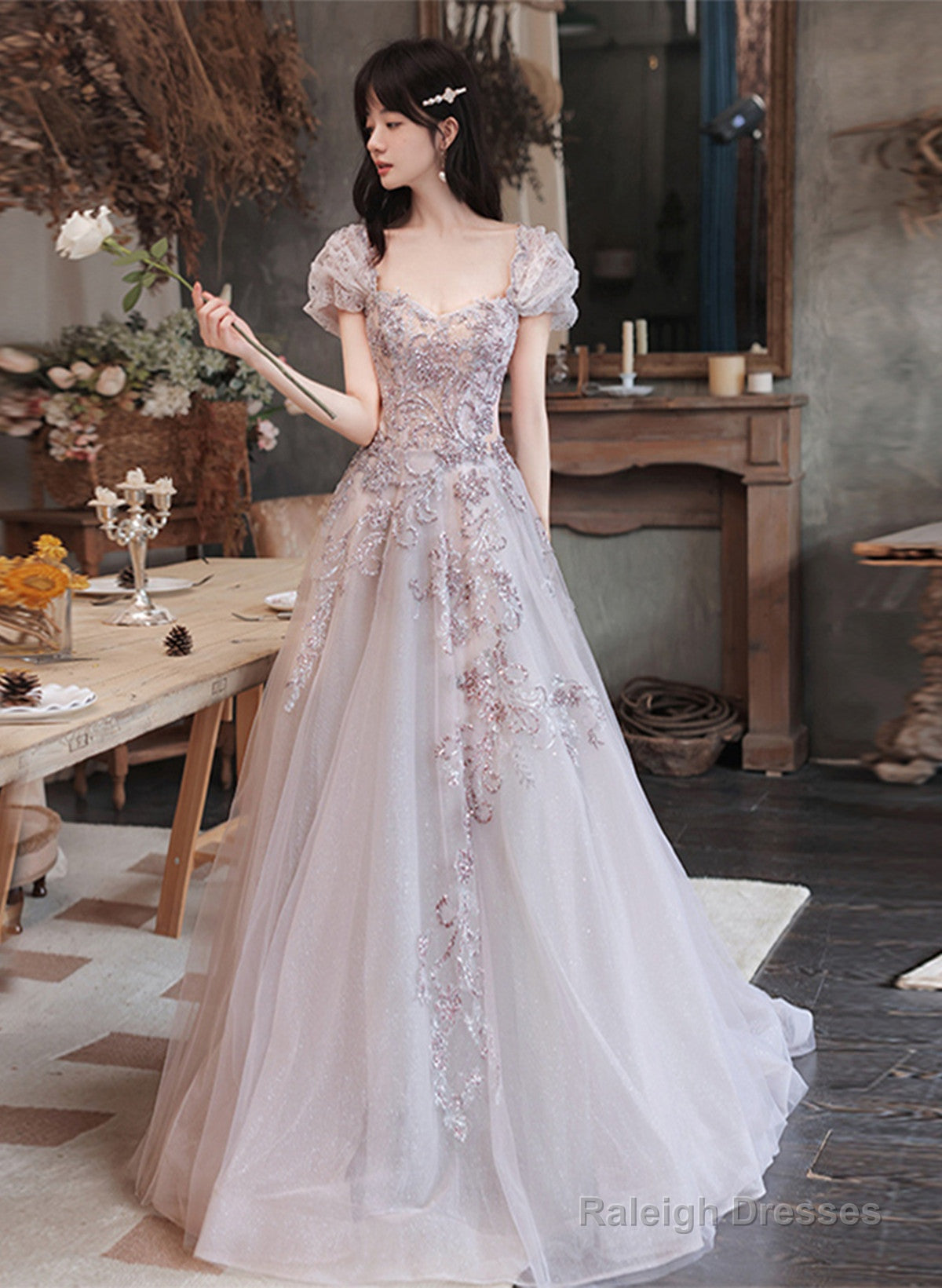 Lovely Tulle Short Sleeves Long A-Line Party Dress, Tulle Evening Dress Prom Dress