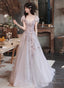 Lovely Tulle Short Sleeves Long A-Line Prom Dresses Tulle Prom Dresseses