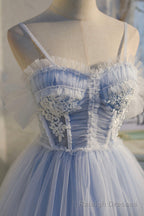 Lovely Tulle Spaghetti Strap Short Prom Dresses, A Line Lace Homecoming Dresses