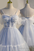 Lovely Tulle Spaghetti Strap Short Prom Dresses, A Line Lace Homecoming Dresses