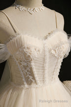 Lovely Tulle Spaghetti Strap Short Prom Dresses, A Line Lace Homecoming Dresses