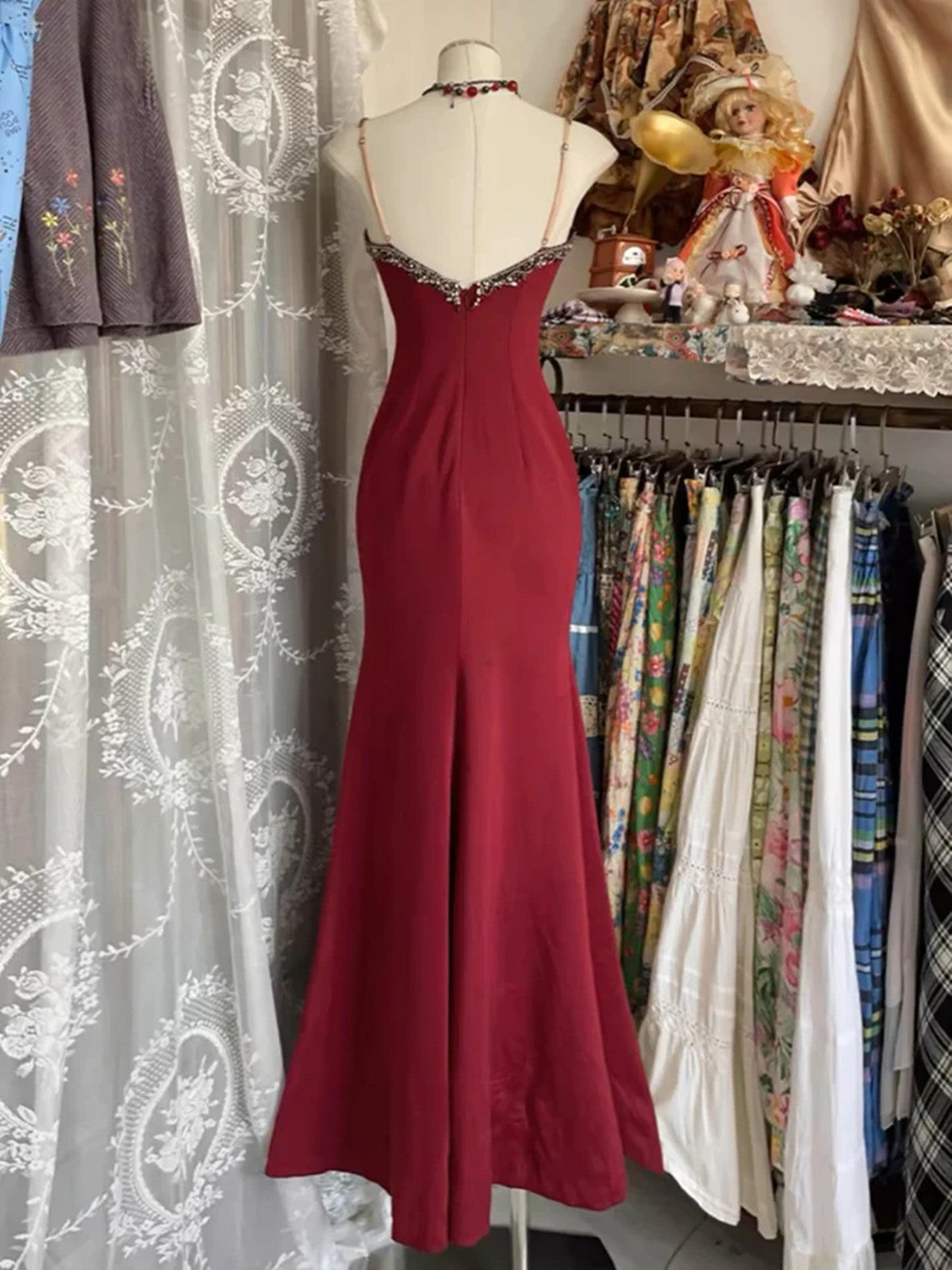 Lovely V-Neckline Straps Spandex With Lace Prom Dresses Long Prom Gown With Leg Slit