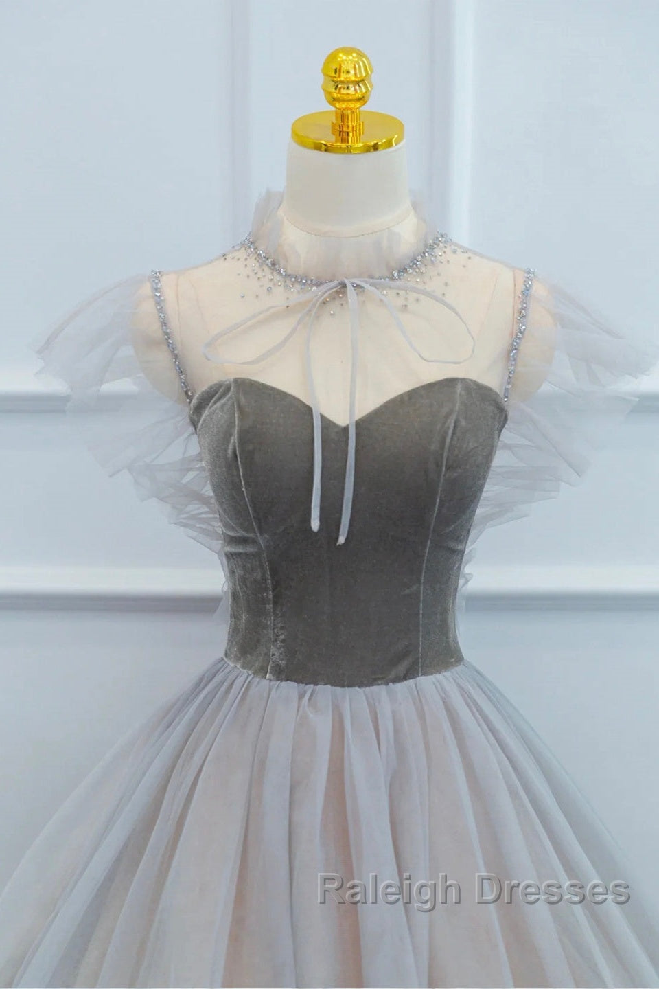 Lovely Velvet And Tulle Floor Length Prom Dress, Gray A-Line Formal Evening Dress Secondary image