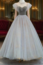 Lovely Velvet And Tulle Floor Length Prom Dress, Gray A-Line Formal Evening Dress