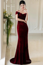 Lovely Velvet Mermaid Off Shoulder Long Prom Dresses Wine Red Wedding Prom Dresses