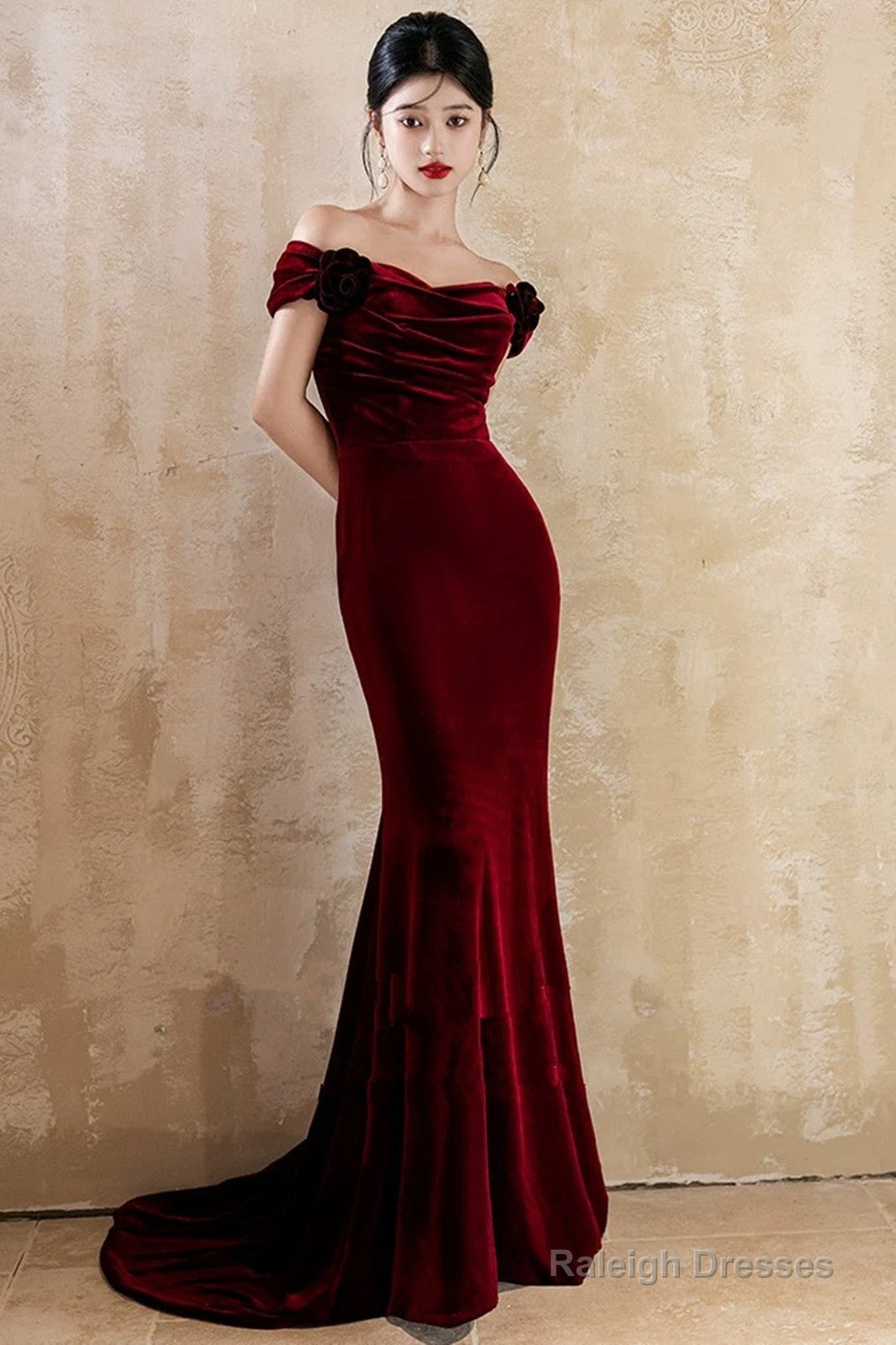 Lovely Velvet Mermaid Off Shoulder Long Prom Dresses Wine Red Wedding Prom Dresses