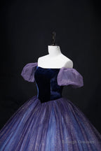 Lovely Velvet Tulle Long Prom Dress, Purple Off The Shoulder Evening Party Gown