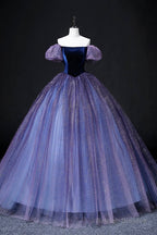 Lovely Velvet Tulle Long Prom Dress, Purple Off The Shoulder Evening Party Gown
