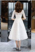Lovely White Tea Length Lace Simple Short Sleeves Prom Dresses White Lace Wedding Prom Dresses Graduation Dresses