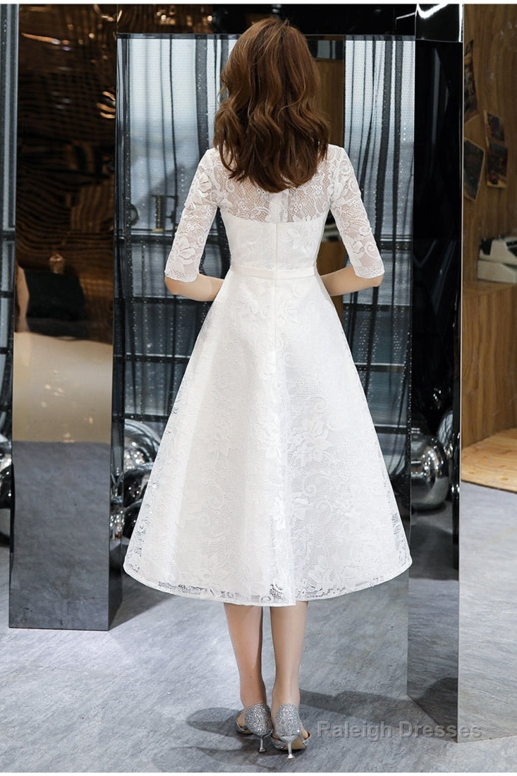 Lovely White Tea Length Lace Simple Short Sleeves Prom Dresses White Lace Wedding Prom Dresses Graduation Dresses