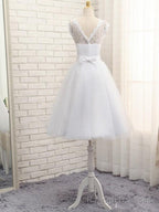 Lovely White Tulle Beaded Short Simple Wedding Prom Dress, Short Bridal Dress Wedding Dress