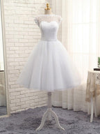 Lovely White Tulle Beaded Short Simple Wedding Prom Dress, Short Bridal Dress Wedding Dress