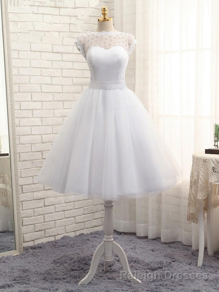 Lovely White Tulle Beaded Short Simple Wedding Prom Dress, Short Bridal Dress Wedding Dress