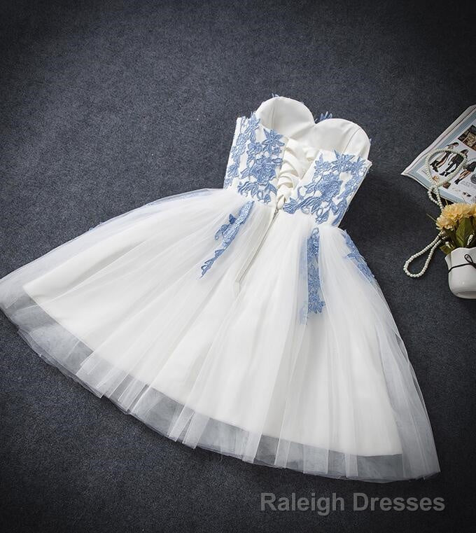 Lovely White Tulle Party Dress with Blue Applique, Homecoming Dress Secondary image