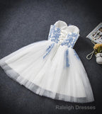 Lovely White Tulle Party Dress with Blue Applique, Homecoming Dress