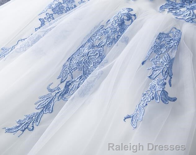 Lovely White Tulle Party Dress with Blue Applique, Homecoming Dress