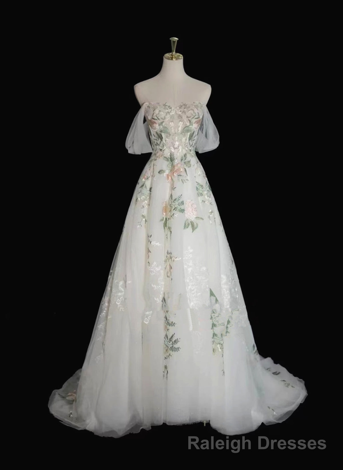 Lovely White Tulle with Floral Lace Off Shoulder Formal Dress, White Tulle Prom Dress Main image