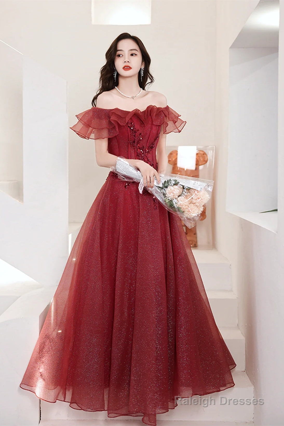 Lovely Wine Red Off Shoulder Tulle With Beadings Party Dress, Wine Red Long Prom Dress Main image