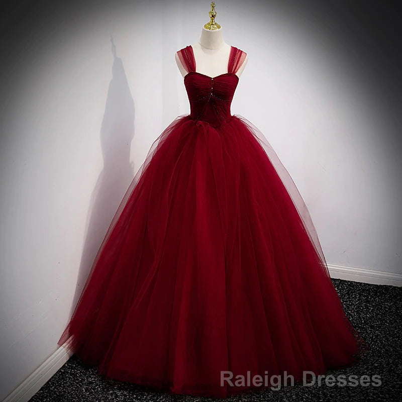 Lovely Wine Red Princess Tulle Beaded Long Prom Dress, Dark Red Formal Gowns