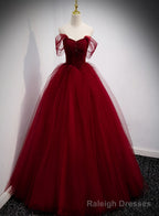Lovely Wine Red Princess Tulle Beaded Long Prom Dress, Dark Red Formal Gowns