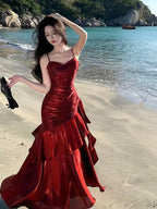Lovely Wine Red Satin Mermaid Chic Sweetheart Prom Dresses Wine Red Satin Long Eveming Dresses