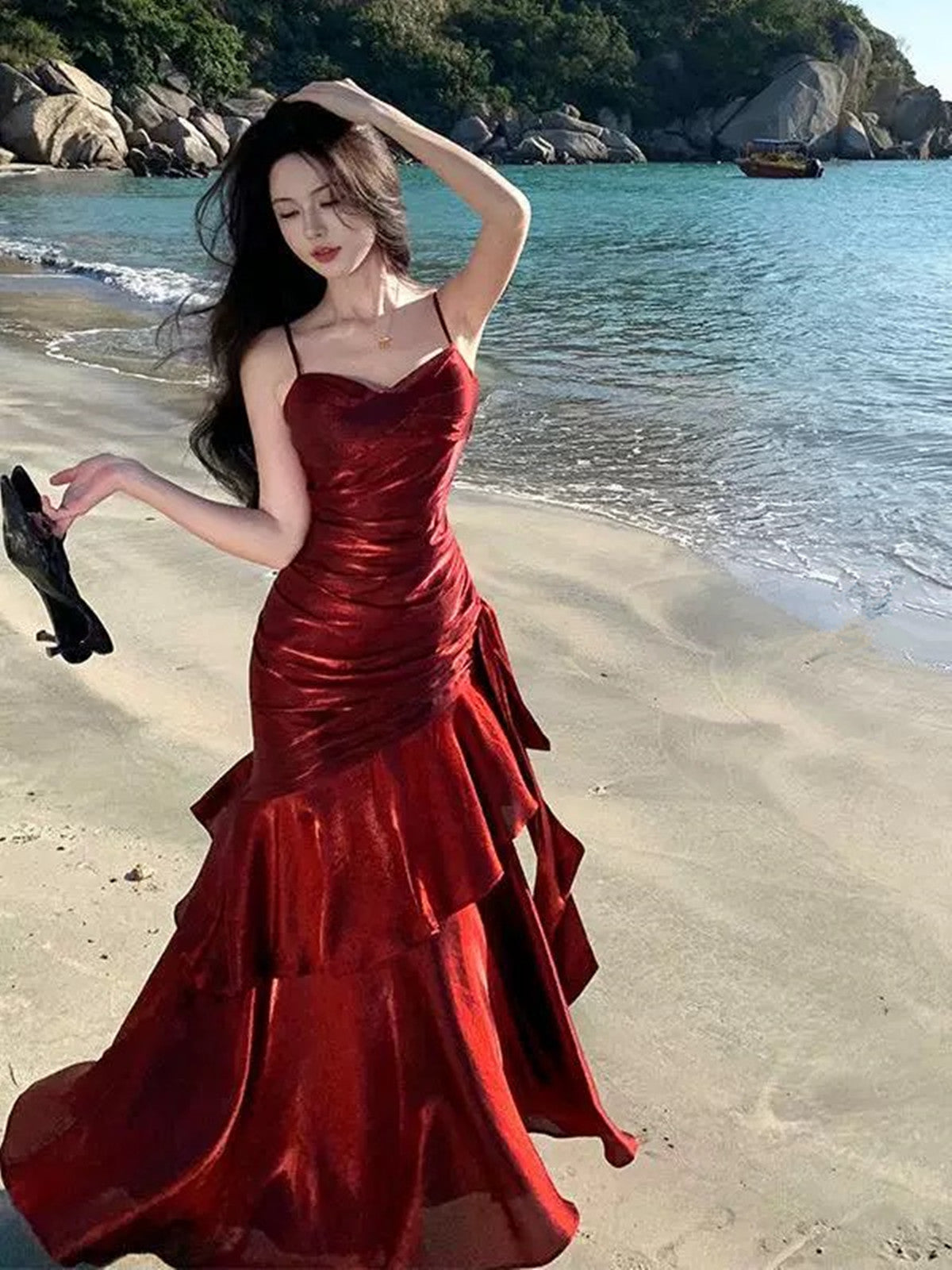 Lovely Wine Red Satin Mermaid Chic Sweetheart Prom Dresses Wine Red Satin Long Eveming Dresses
